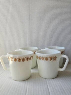 4 Vintage Pyrex butterfly gold mugs corning coffee cups MCM cottagecore